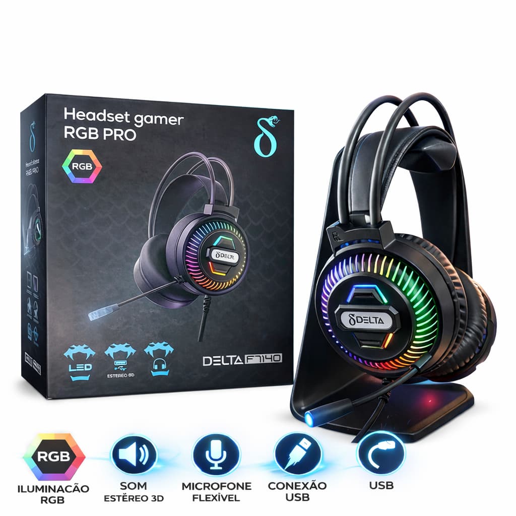 Fone Headset Gamer RGB LED Delta FN40 com Mic Ajustável | Headphone Gamer USB Profissional