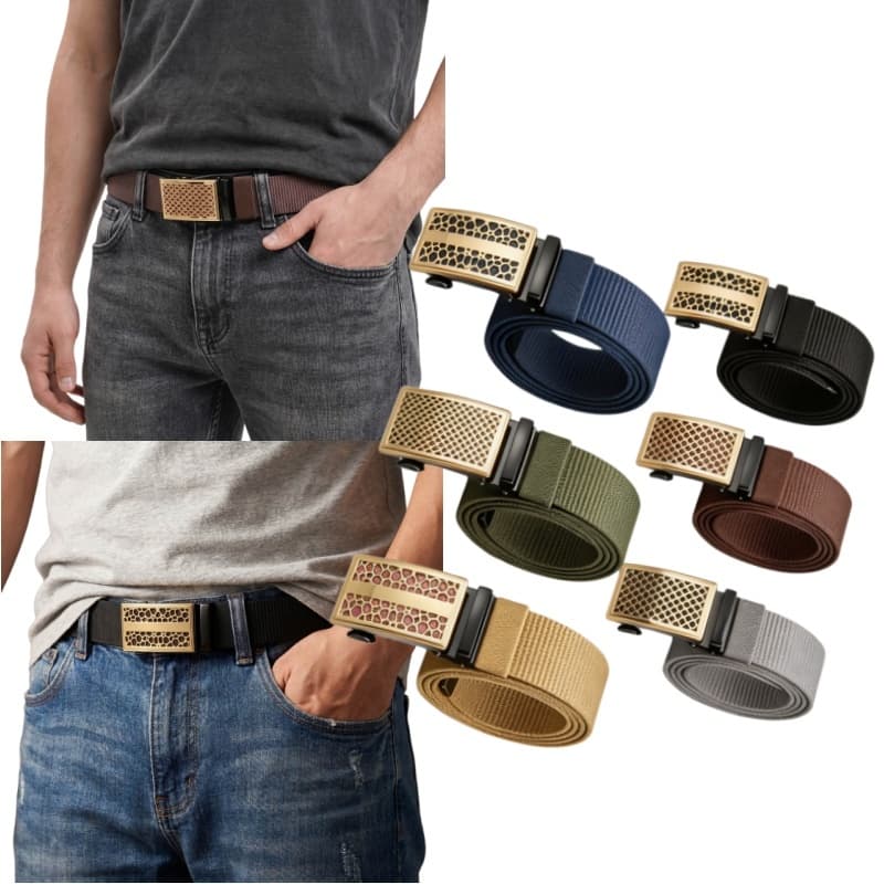 Cinto Masculino de Nylon com Fivela Automática Perfurada Dourada Ajustável Resistente Uso Diário