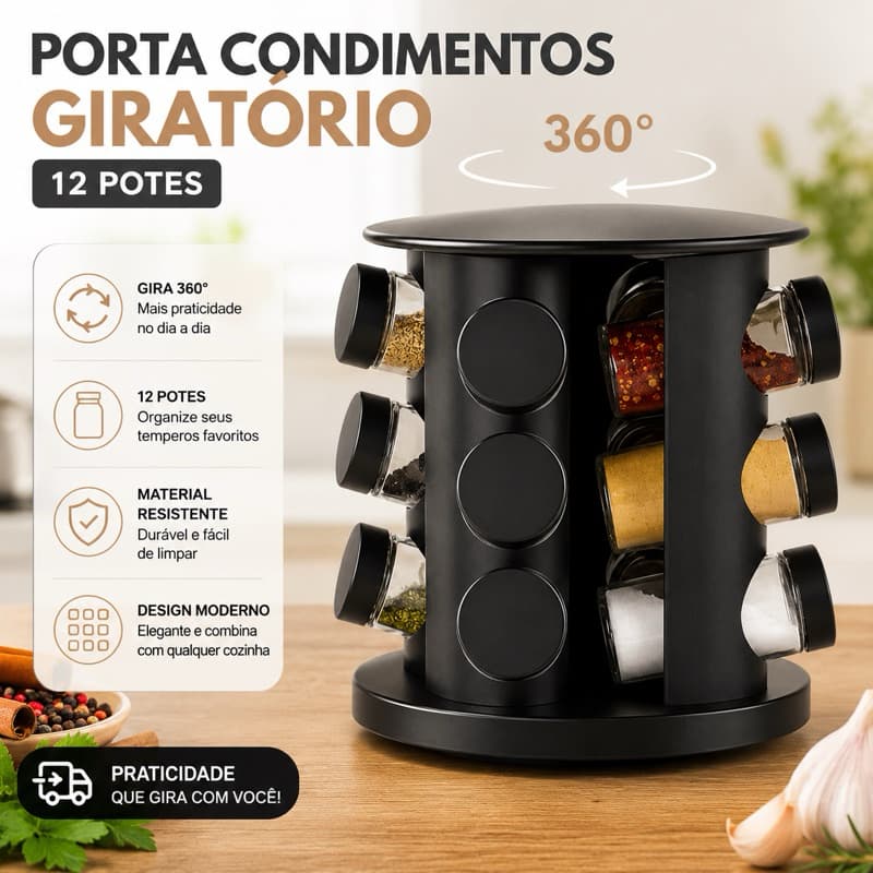Porta Tempero Condimentos Giratório com 12 Potes de Vidro Preto 360 Graus com Tampa Dosadora N