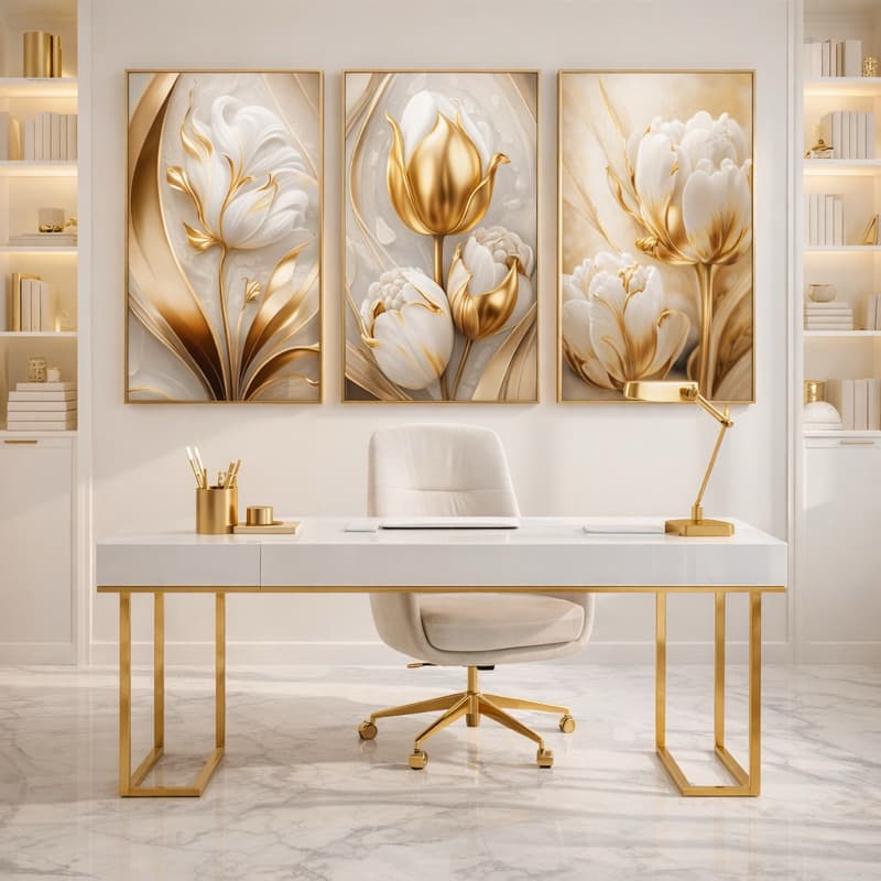Kit 3 Quadros Decorativos Flores Brancas e Douradas Luxo Moderno MDF 3mm