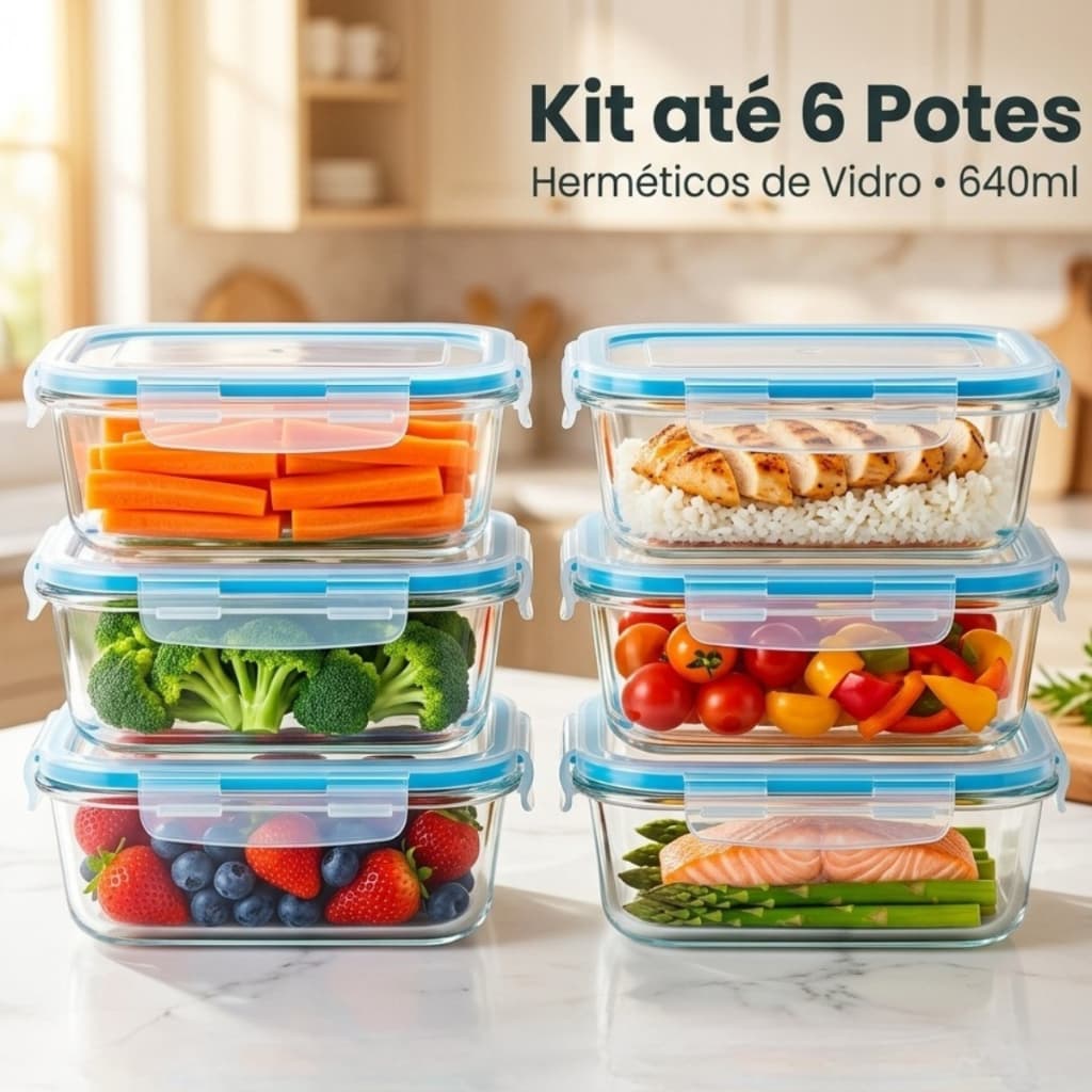 Conjunto de 1 a 6 Potes de Vidros 640ml Hermeticos para Marmitas Fitness com 4 Travas Forno microondas Airfryer
