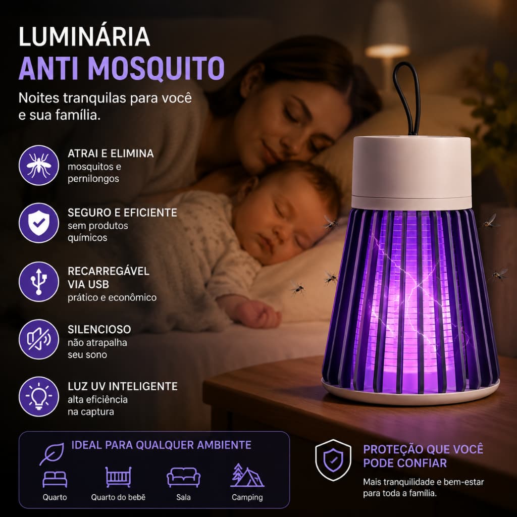 Luminária Anti- Mosquito Repelente Elétrico Lâmpada U.V Armadilha Para Insetos Direto USB