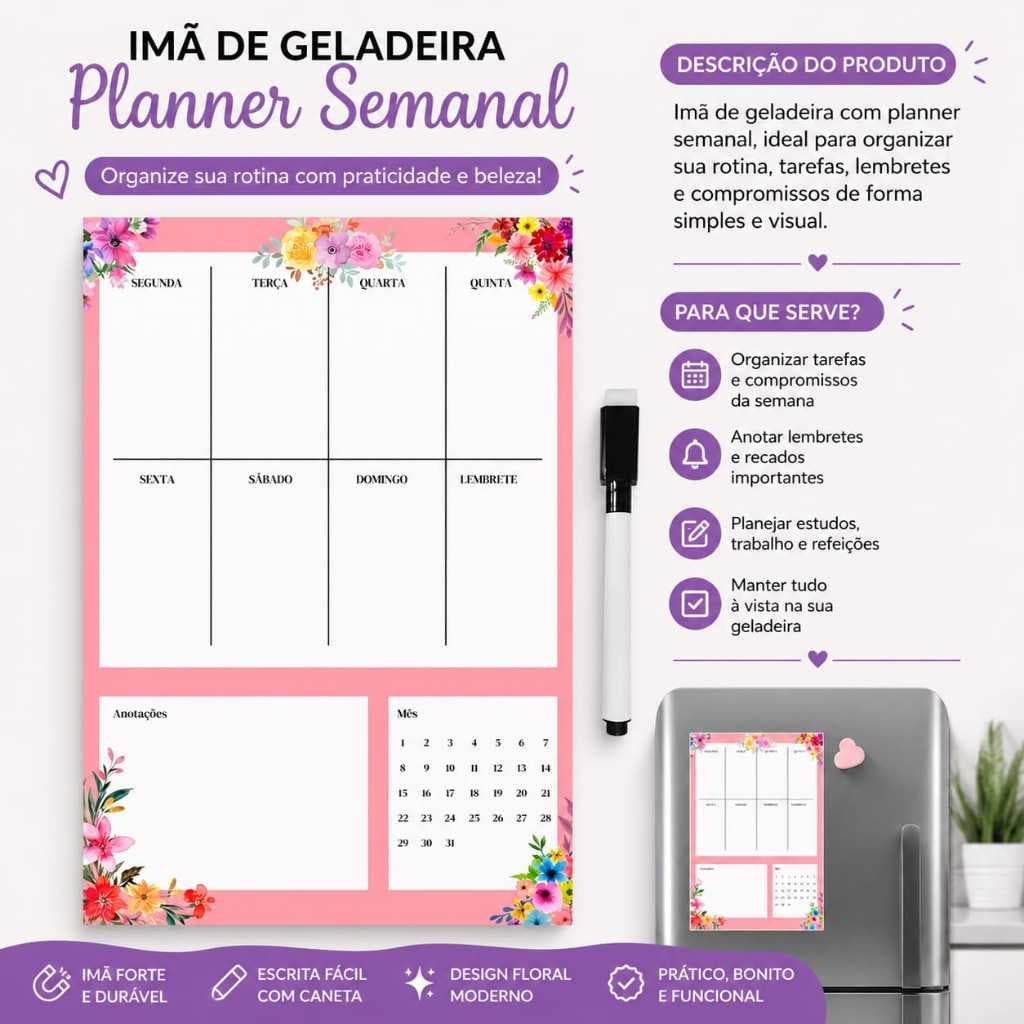 Ima De Geladeira Lembrete Organizador Planner Mensal Semanal Planejamento Magnético Rosa Com Caneta