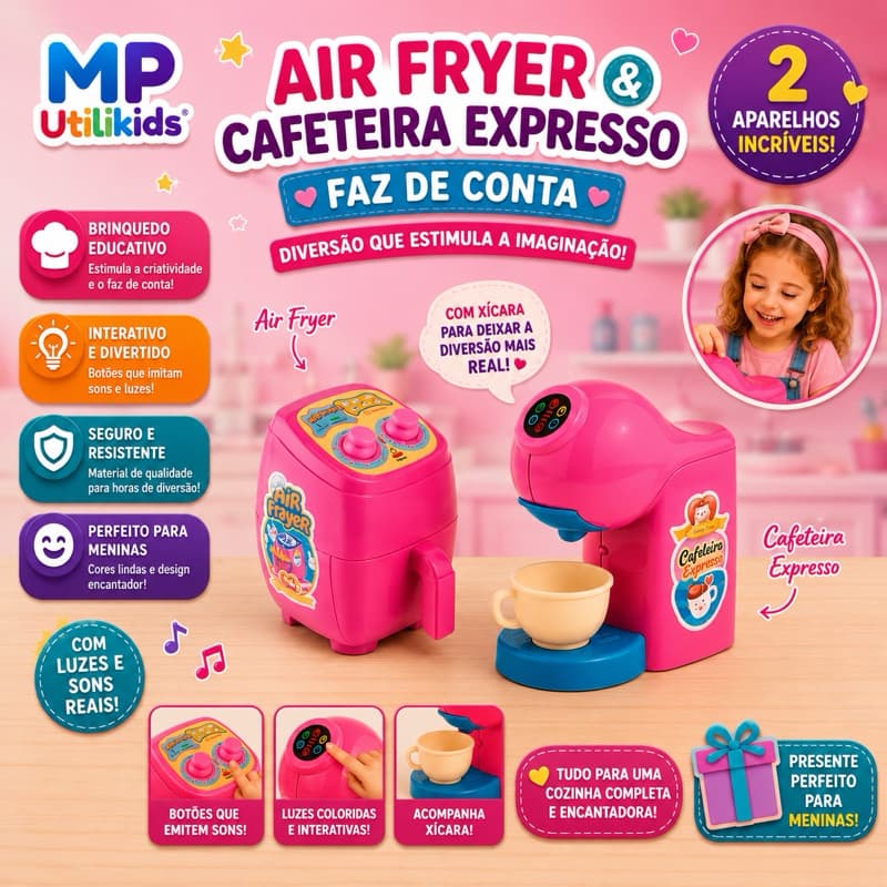 Brinquedo Air Fryer E Cafeteira Expresso Infantil Com Xícara Meninas Faz De Conta Cozinha