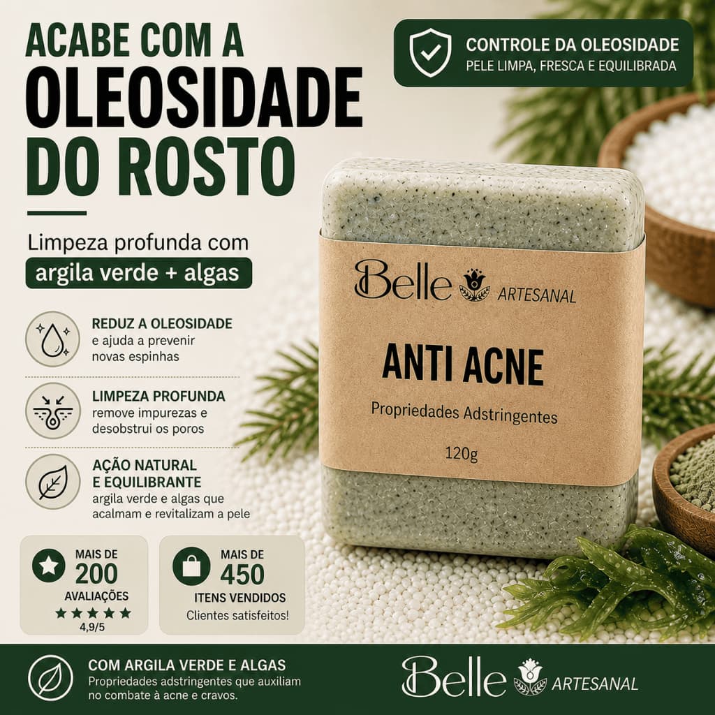 Sabonete Anti Acne Facial Para Pele Oleosa | Cravos e Espinhas | Argila Verde