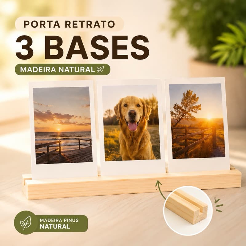 Kit 3 Bases Porta Retrato Suporte Madeira 30cm Foto Polaroid Recados