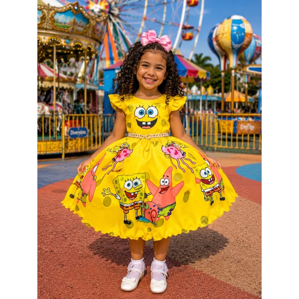 Vestido Bob Esponja Infantil Amarelo Temático Festa Aniversário 4 a 12 Anos