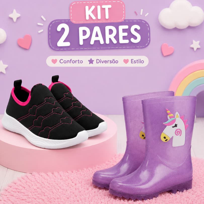 Kit Galocha Cano Alto Feminino + Tênis Calce Fácil Infantil Menina
