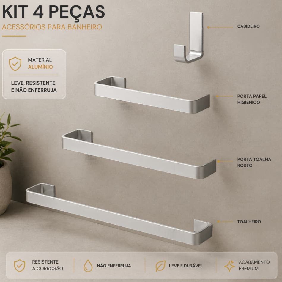 Kit Acessórios Para Banheiro 4 peças Toalheiro Suportes Cromado Anti ferrugem Alumínio