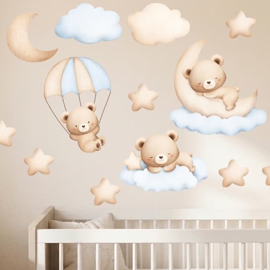 Kit 18 Adesivo Parede Ursinhos Cute azul| aquarela  Vinil Avery Fosco Premium