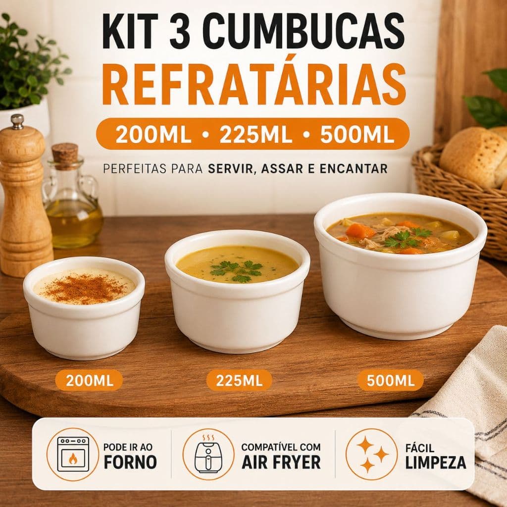Kit 3 Cumbucas Refratárias 200ml 225ml 500ml Cerâmica Porcelana Branca Forno Air Fryer