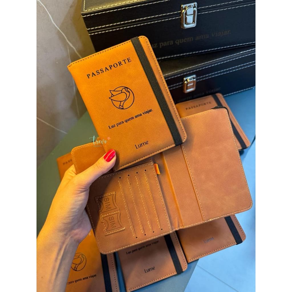 Porta Passaporte Em Couro Sintético Personalizado Nome Marca Marrom