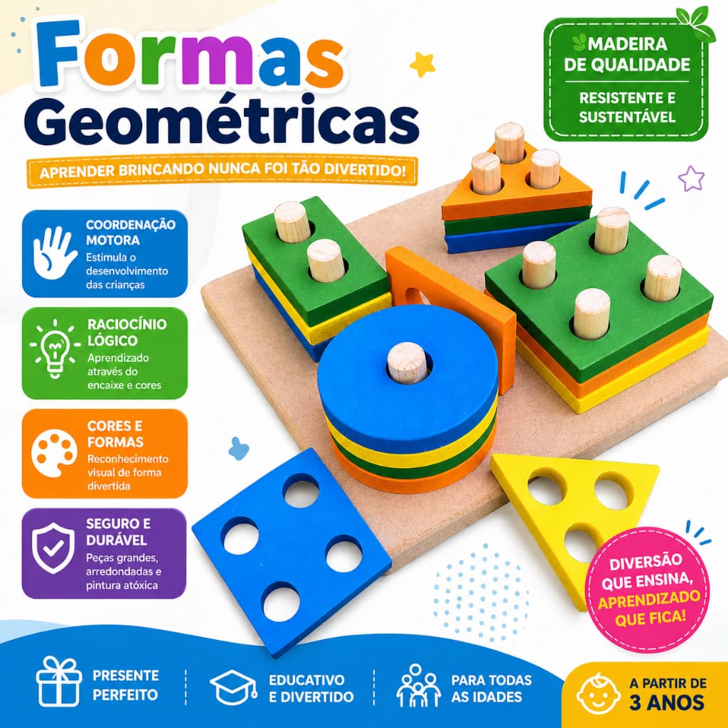 Formas Geométricas Madeira Brinquedo Educativo Encaixe Montessori Pedagógico Infantil TEA