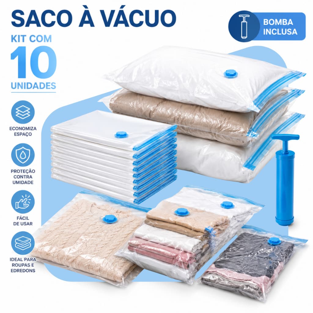 Kit 10 Saco À Vacuo Com Bomba 50x60cm Organização Otimização De Espaço Mala Guarda Roupas Verittas