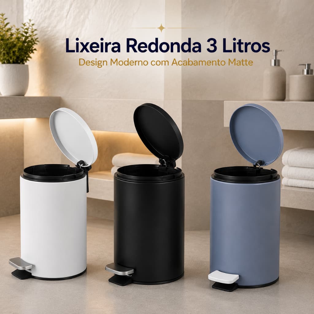 Lixeira Redonda Matte 3L com Pedal Antiderrapante, Cesto de Lixo Banheiro Lavabo Cozinha Escritório