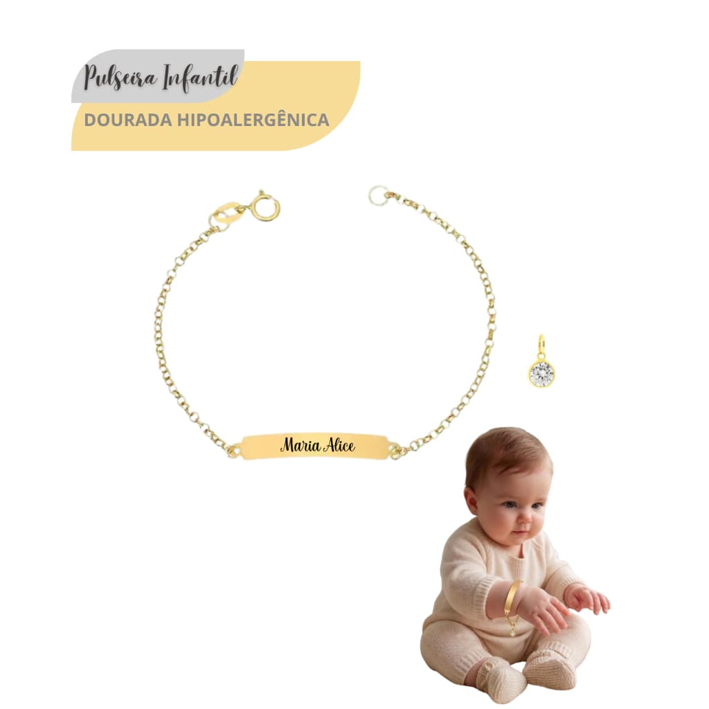 Pulseira Dourada Ponto de Luz Infantil Bebê Com Nome Gravado Hipoalergênica