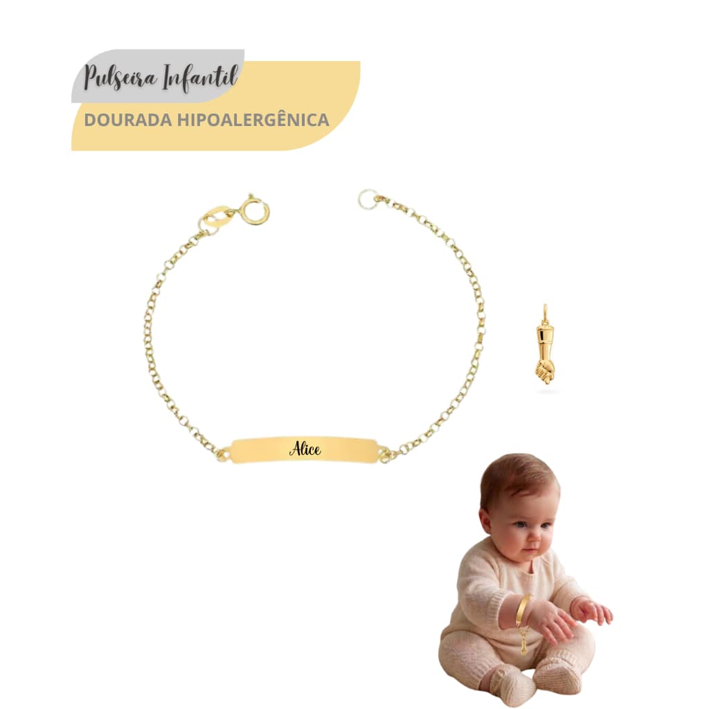 Pulseira Dourada com Pingente de Figa Infantil Bebê Com Nome Gravado Hipoalergênica