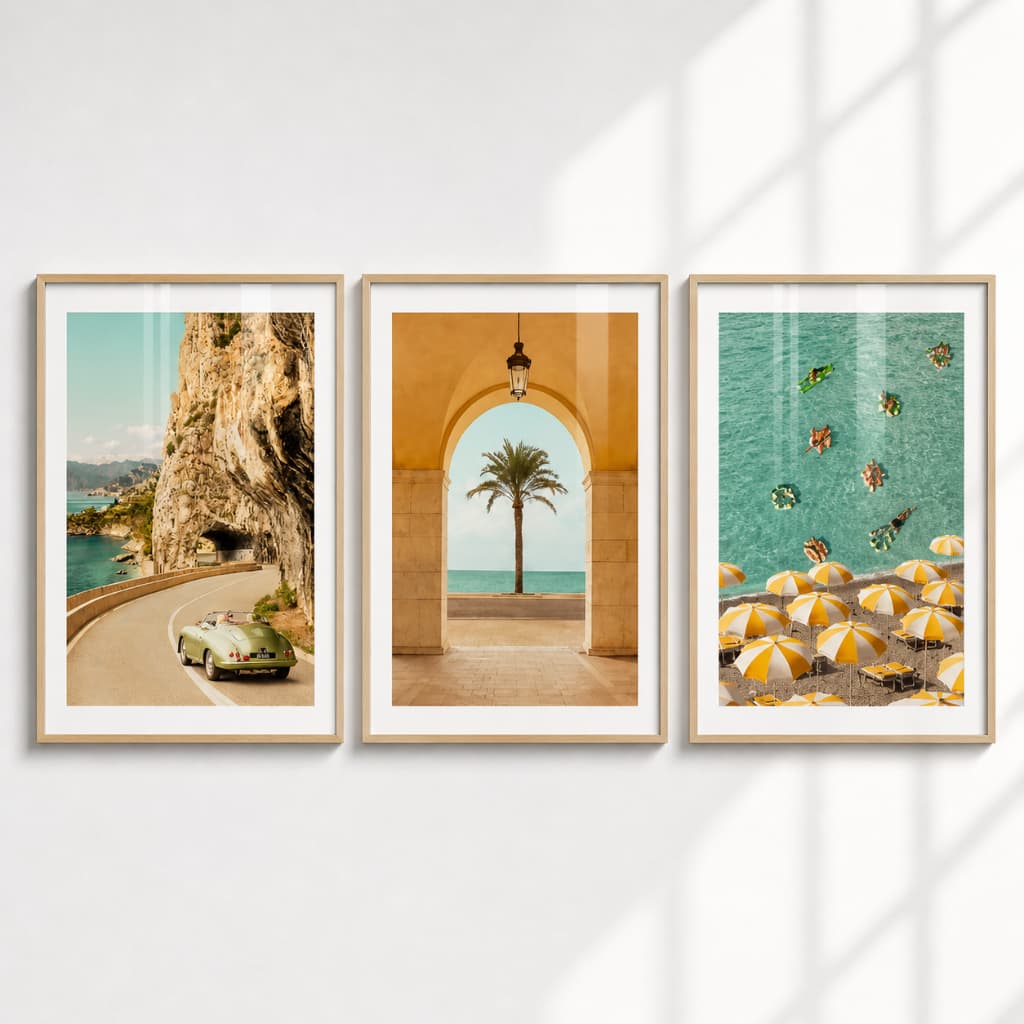 Kit 3 Quadros Decorativo Paisagem Estrada Para O Mar, Portal Palma e Guarda Sóis À Beira Mar