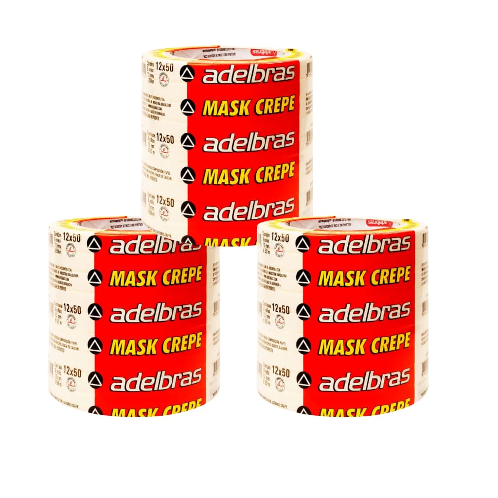 Kit 4 Fita Crepe Adelbras 12mm x 50m Branca Kit 9 Rolos Pintura e Fixações