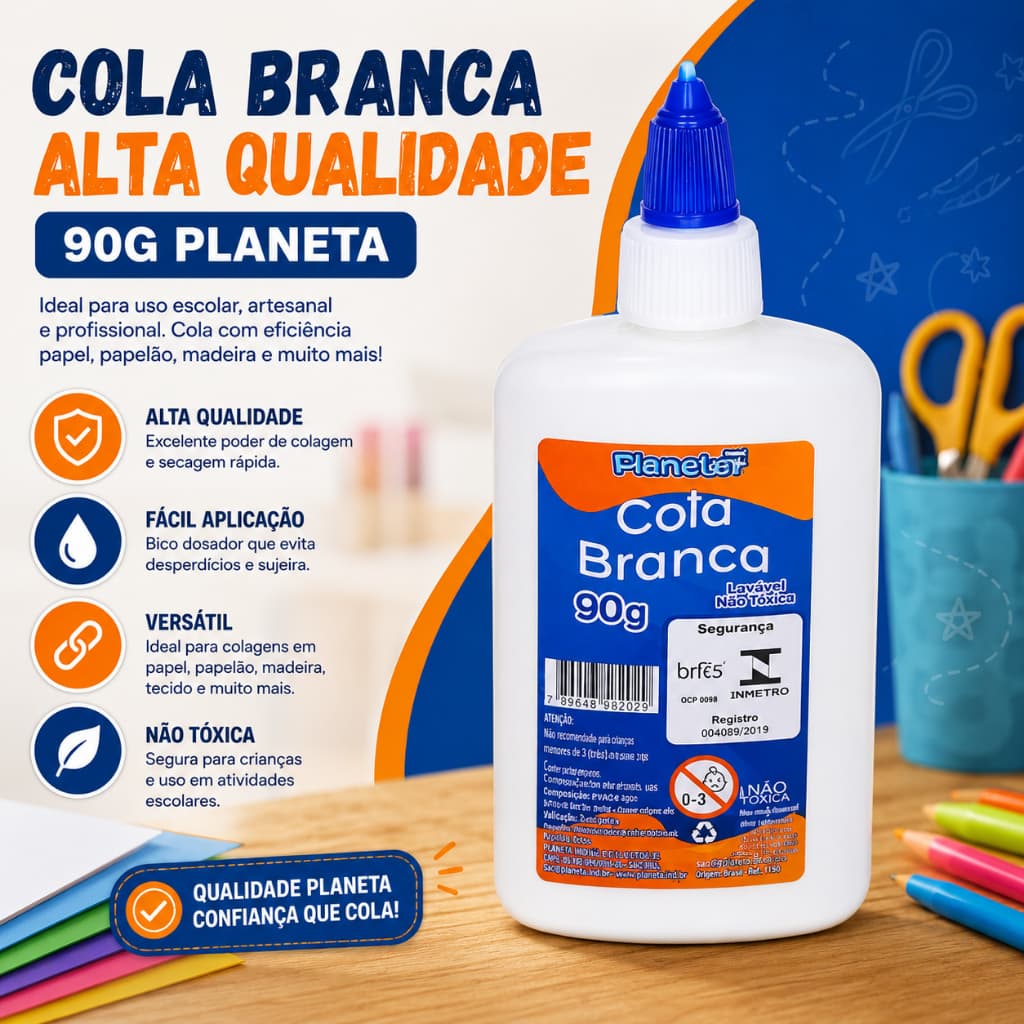 Cola Branca 90g PLANETA Escolar Artesanato Lavável Atóxica Cola Líquida Transparente Papel Madeira