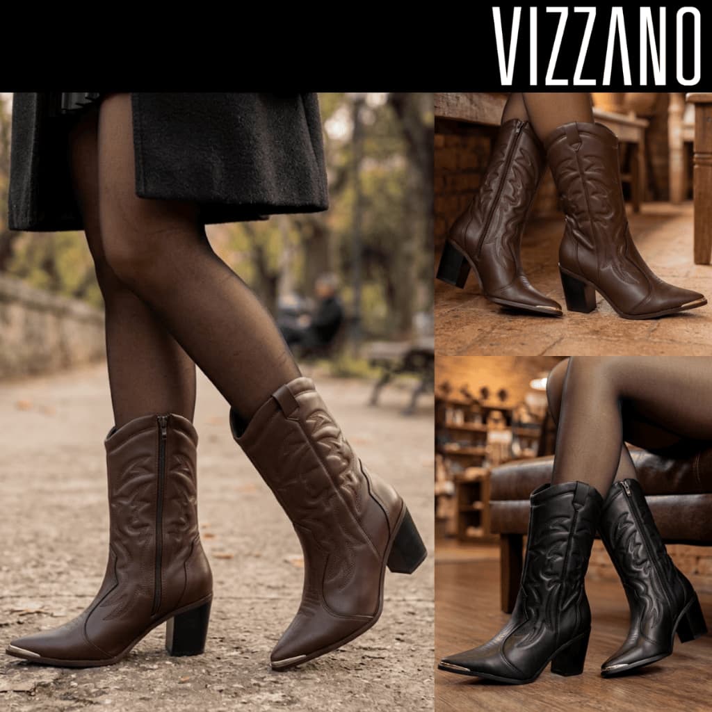 Bota Feminina Country Texana Vizzano Cano Médio Bico Fino Salto Bloco Grosso Confortável