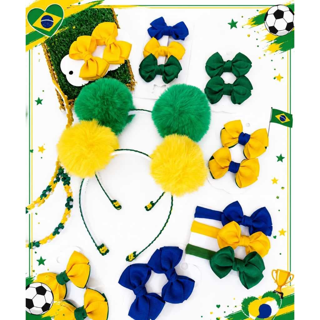 Laços Copa do Mundo Infantil Seleção Brasileira Faixinha Arco Menina Bebê Brasil 🇧🇷 Arco pompom laco da copa do mundo