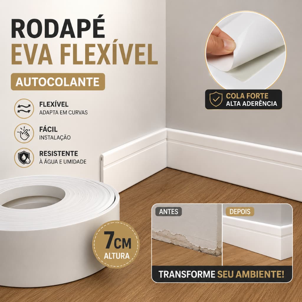 Rodapé Autocolante EVA Branco 7cm Flexível Lavável Fácil Aplicação