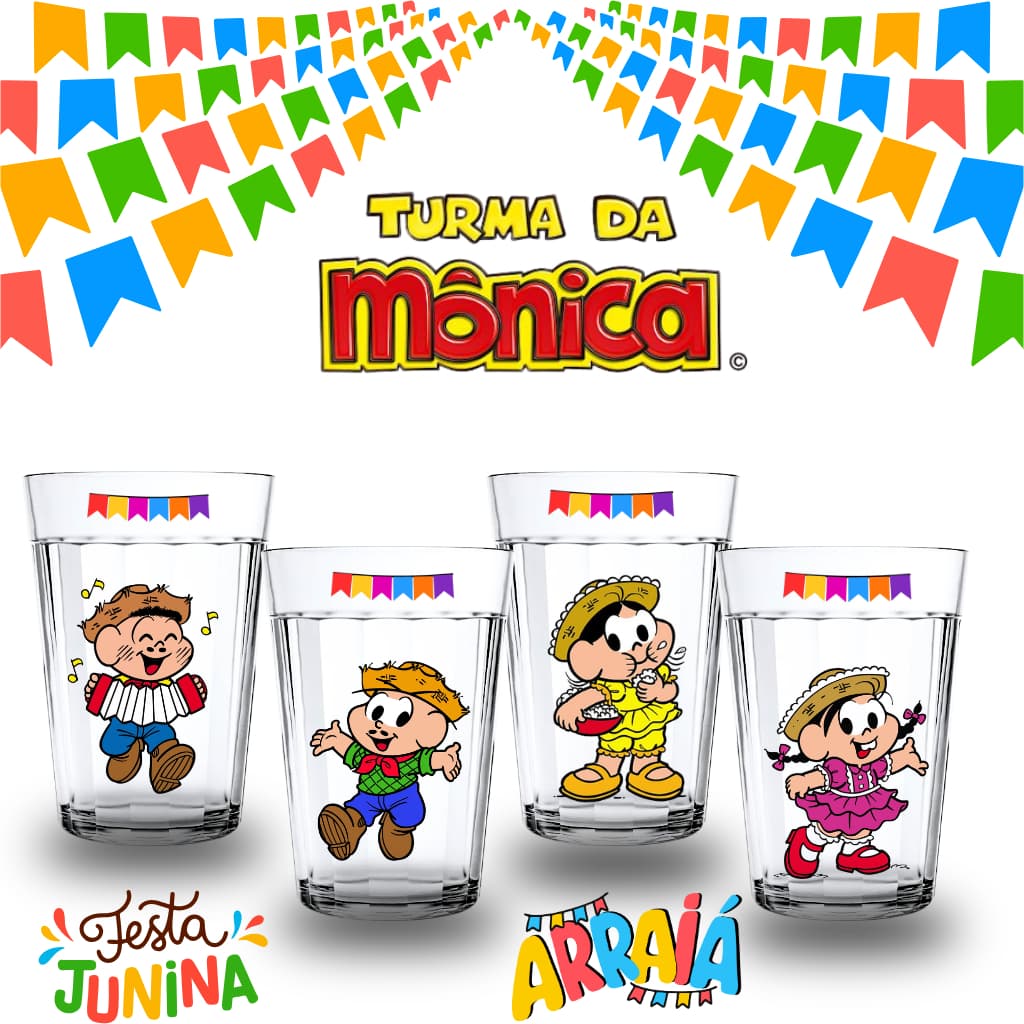 Kit 4 Copos Americanos Turma da Monica Festa Junina São João Arraia 190ml Personalizado Colecionavel