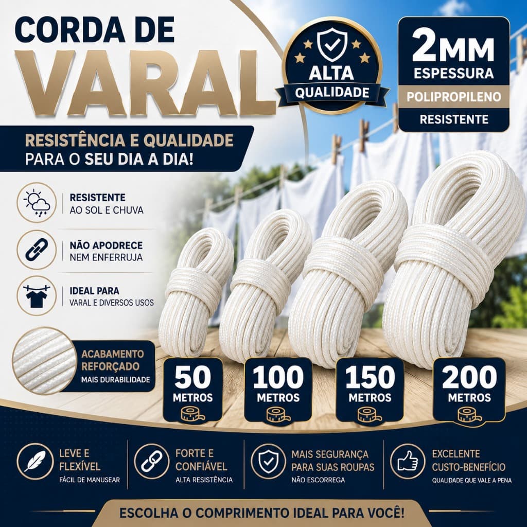 Varal Corda 50m /100m /150m e 200 metros - Varal de Teto Quintal Apartamento 2mm