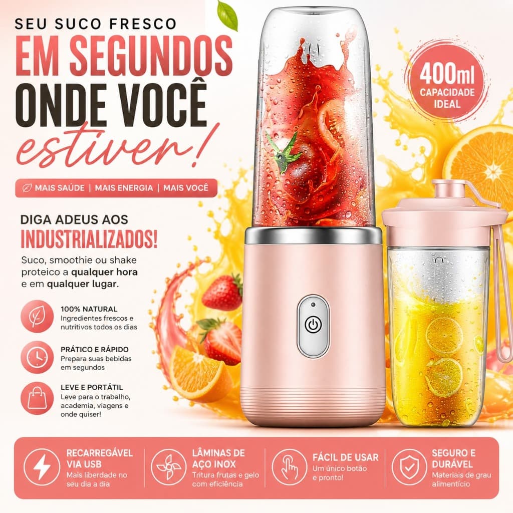 Liquidificador Portátil 400ml USB Recarregável Mini Processador Mixer Shake Suco Academia Rosa