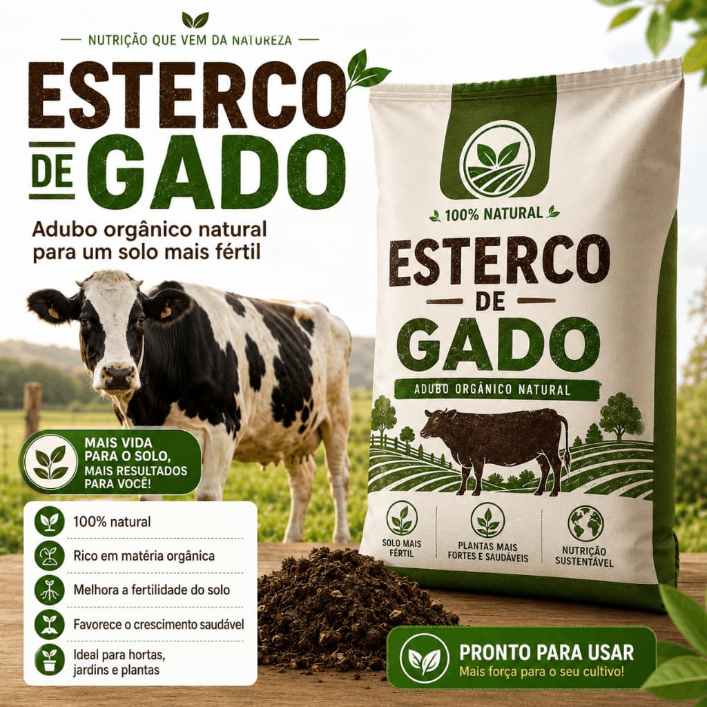 Adubo Orgânico Esterco de Gado Curtido Natural para Horta Plantas e Jardim