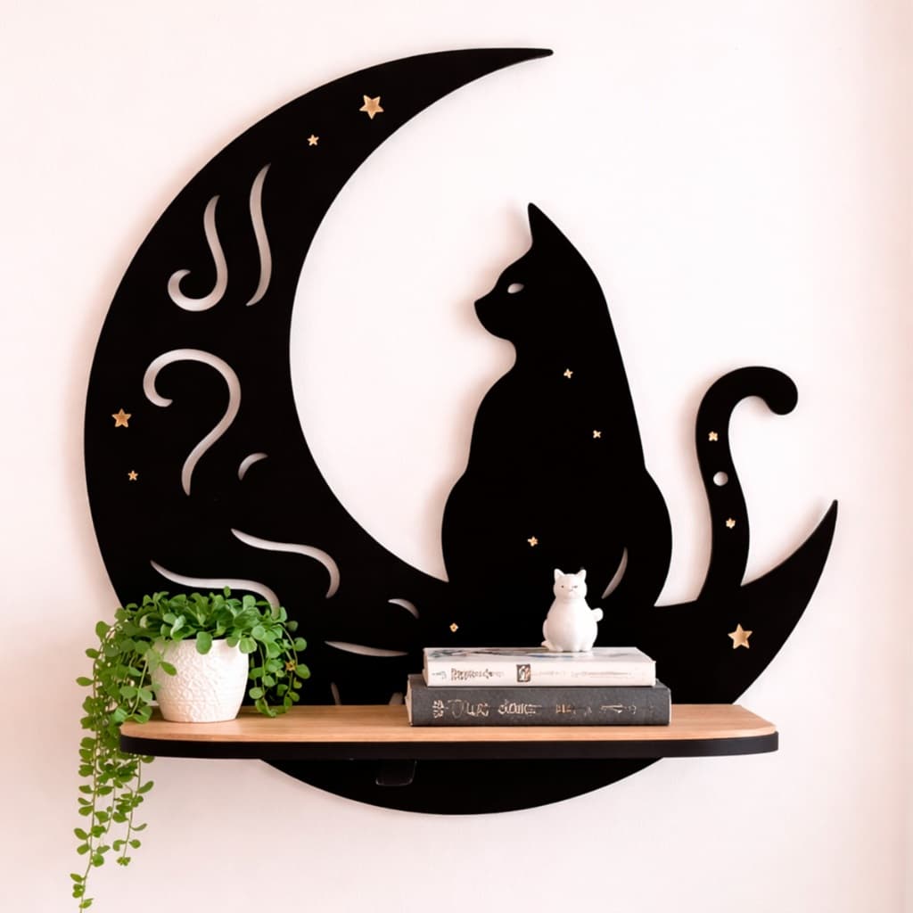 Prateleira Decorativa MDF Gato Sentado na Lua Parede Criativa Silhueta Moderna Estante Suporte Objetos Ambientes