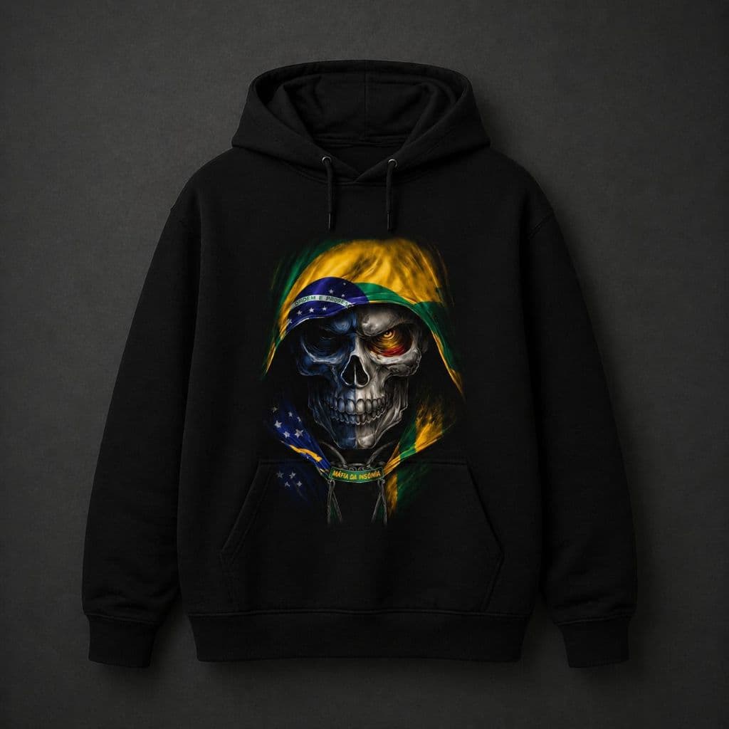 Blusa Moletom Caveira Brasil Masculino Feminino Canguru Skull Streetwear Preto Blusa Frio Estilosa Casual