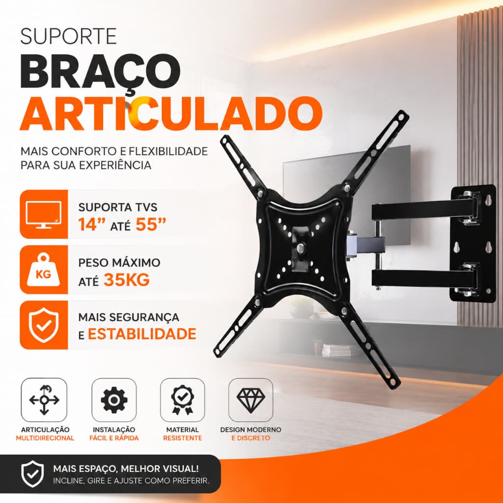 Suporte de Parede Braço Articulado Para Tv de 14 até 55 Smart tv Lcd Led Plasma Oled
