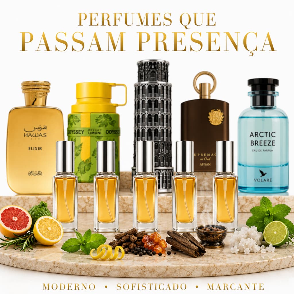 Kit Perfumes Masculinos 5ml | HawasElixir+Pisa+SupremacyOud+ArticBreeze+Limoni | Fresco Sofisticado