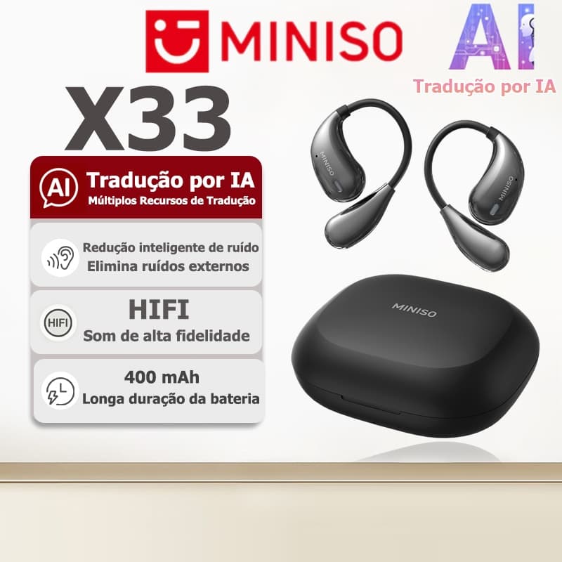 Fone Sem Fio MINISO X33 com Tradução por IA, tradução em tempo real, Bluetooth 5.4, qualidade de som HiFi, resistência à