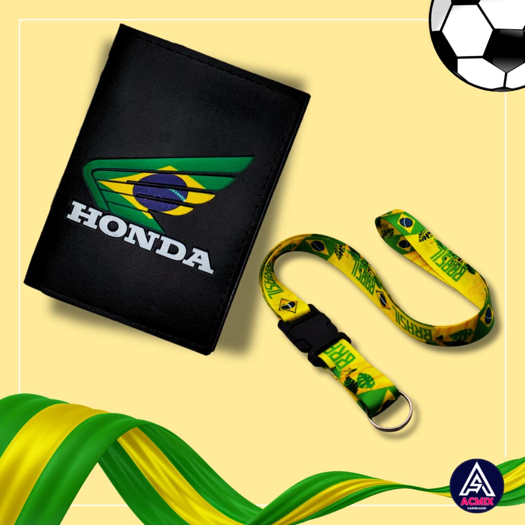 Kit Torcedor Carteira Porta Documentos Moto Honda Verde e Amarelo + Cordão Pescoço Engate Rápido Brasil