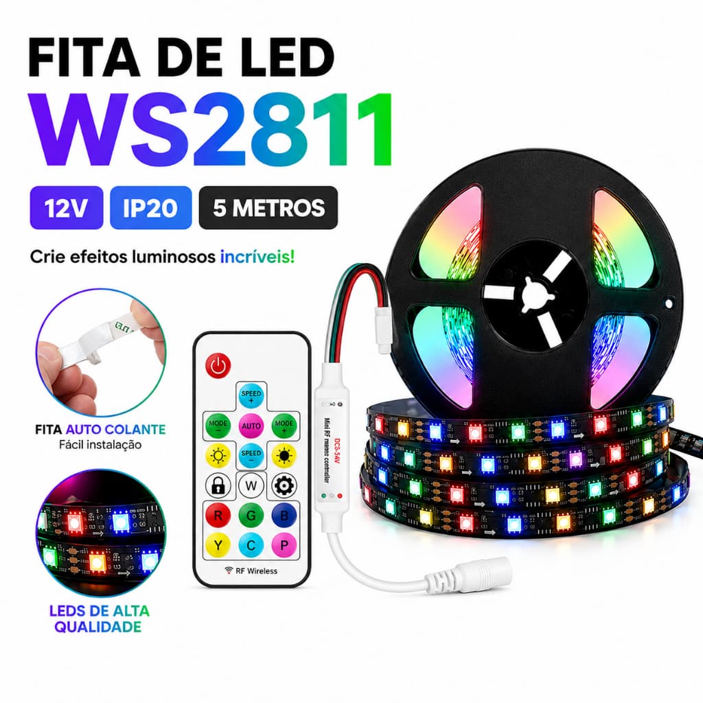 Kit  Fita de Led WS2811 Rgb Digital Endereçável Rolo 5m + Central Controladora com Controle Remoto