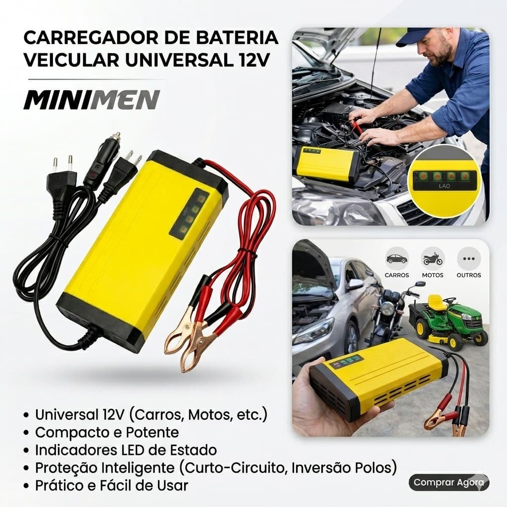 Carregador de Bateria Veicular 12V Carro Moto Universal Portátil Bivolt