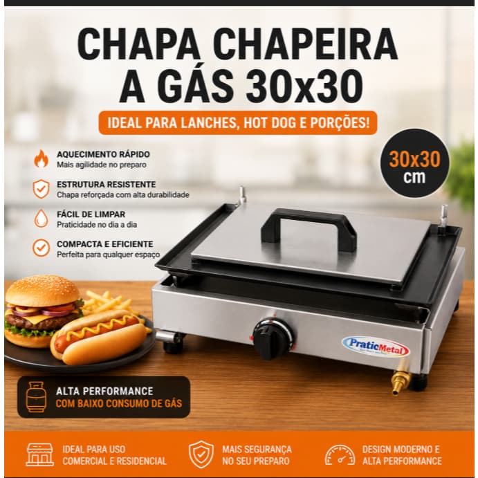 Chapa Chapeira a Gás 30x30 Para Lanches Profissional Hambúrguer Hot Dog Alta Qualidade com Prensa..
