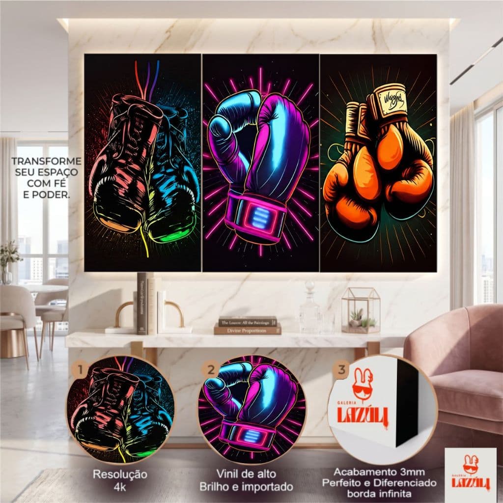 Quadro Decorativo Luva de Boxe 3 Peças Neon Vibrante Fundo Preto