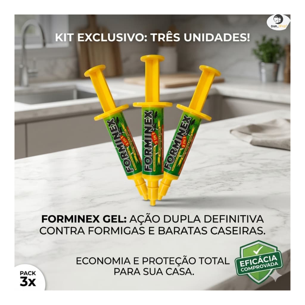 Gel Mata Formiga e Barata Kit c/3 Forminex 2 em 1 Ação Rápida e Duradoura