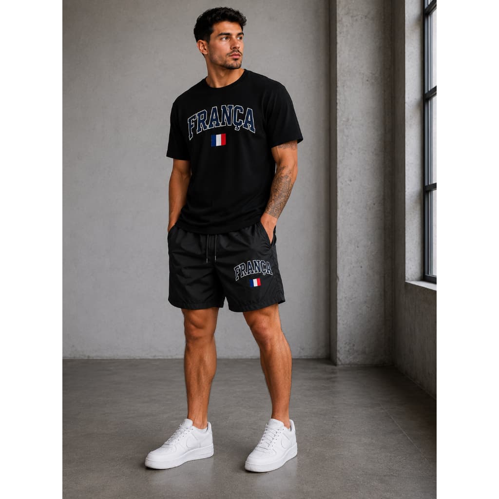 Kit Camiseta +Bermuda Tactel Lançamento Básico Confortavel PAISES Envio Imediato Masculino Fitness