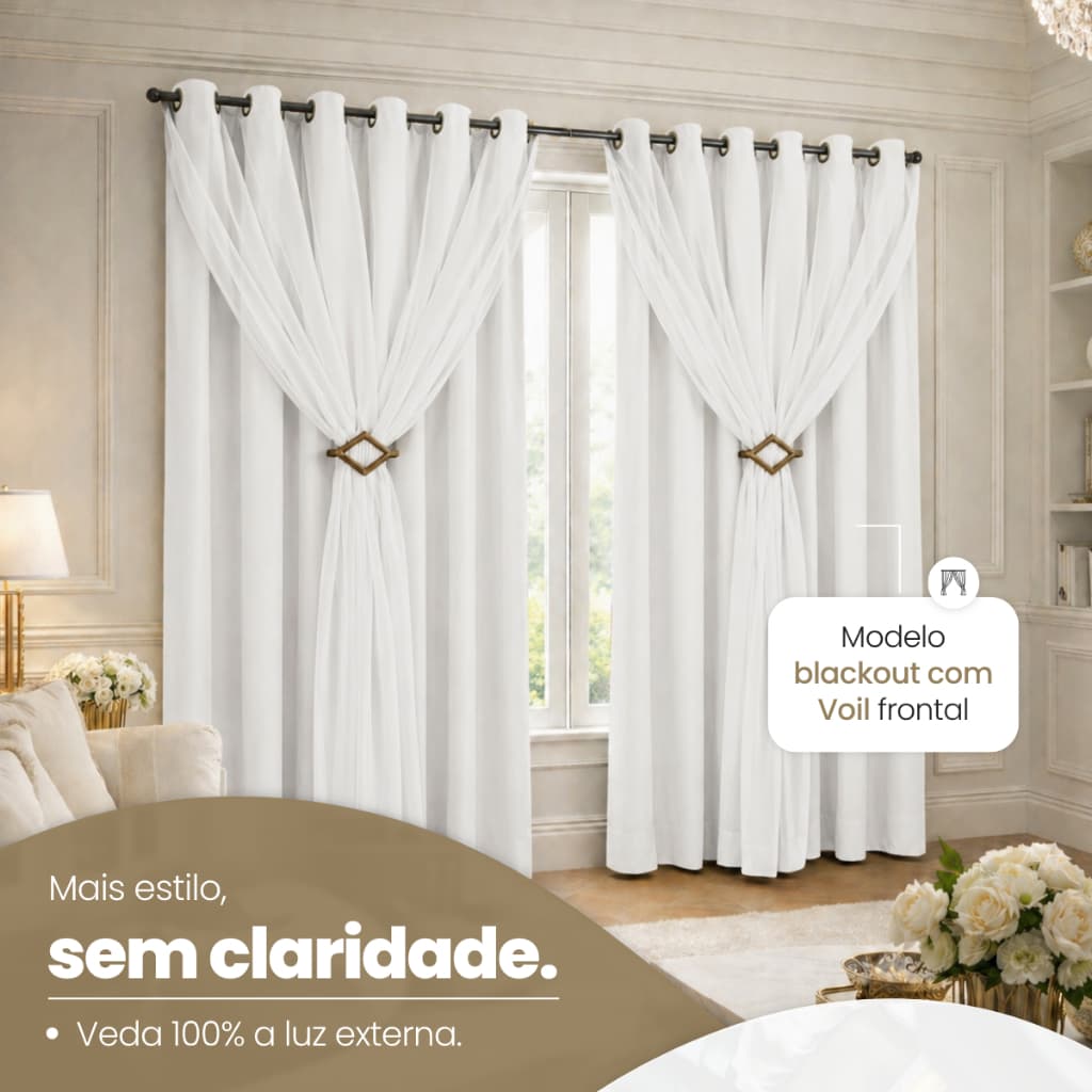 Cortina Corta Luz 2,00M x 2,30M 100% Blackout PVC Com Voil Liso E Fivelas