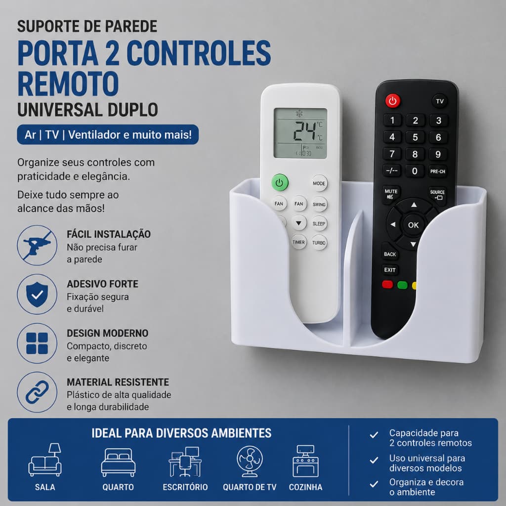 Suporte de Parede Porta 2 Controles Remoto Universal Duplo para Ar, TV e Ventilador