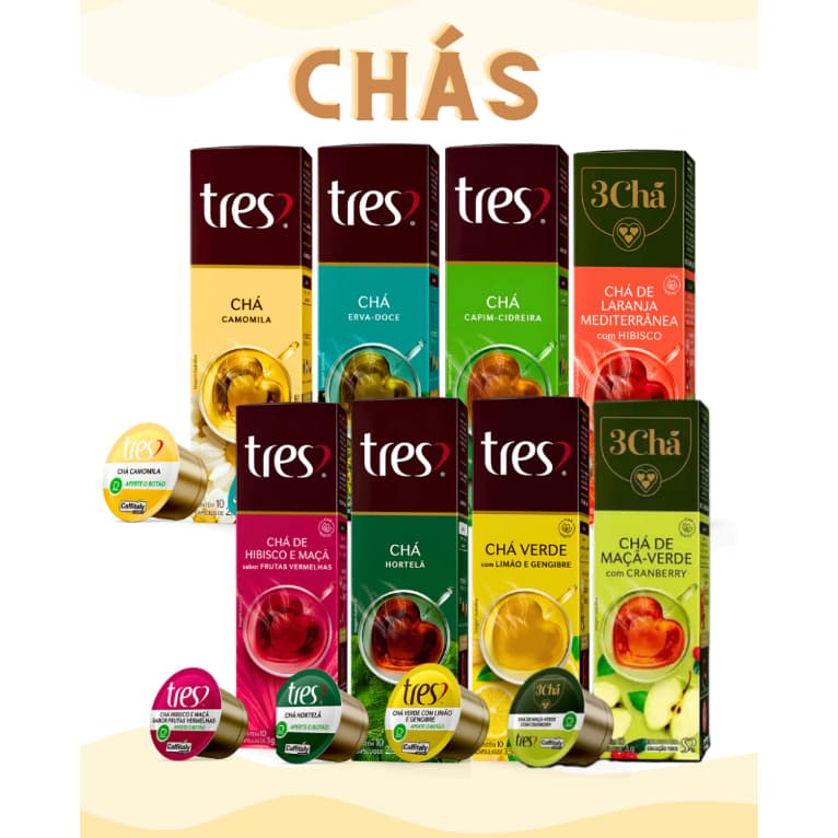 Escolha o sabor do seu Kit com 20 Cápsulas de Chás Especiais compatível da máquina TRES 3Chá