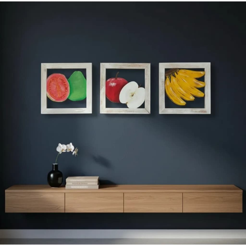 Kit 3 Quadros De Frutas Decorativo De Madeira Artesanal