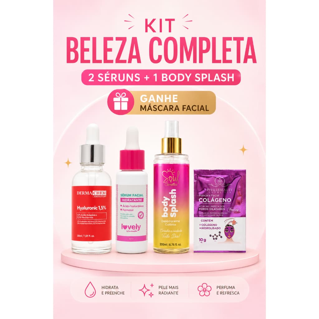 Kit SkinCare Completo Facial Serum Clareador Acido Hialuronico Body Splash Soul Cosmetics Brinde Mascara Facial Colageno