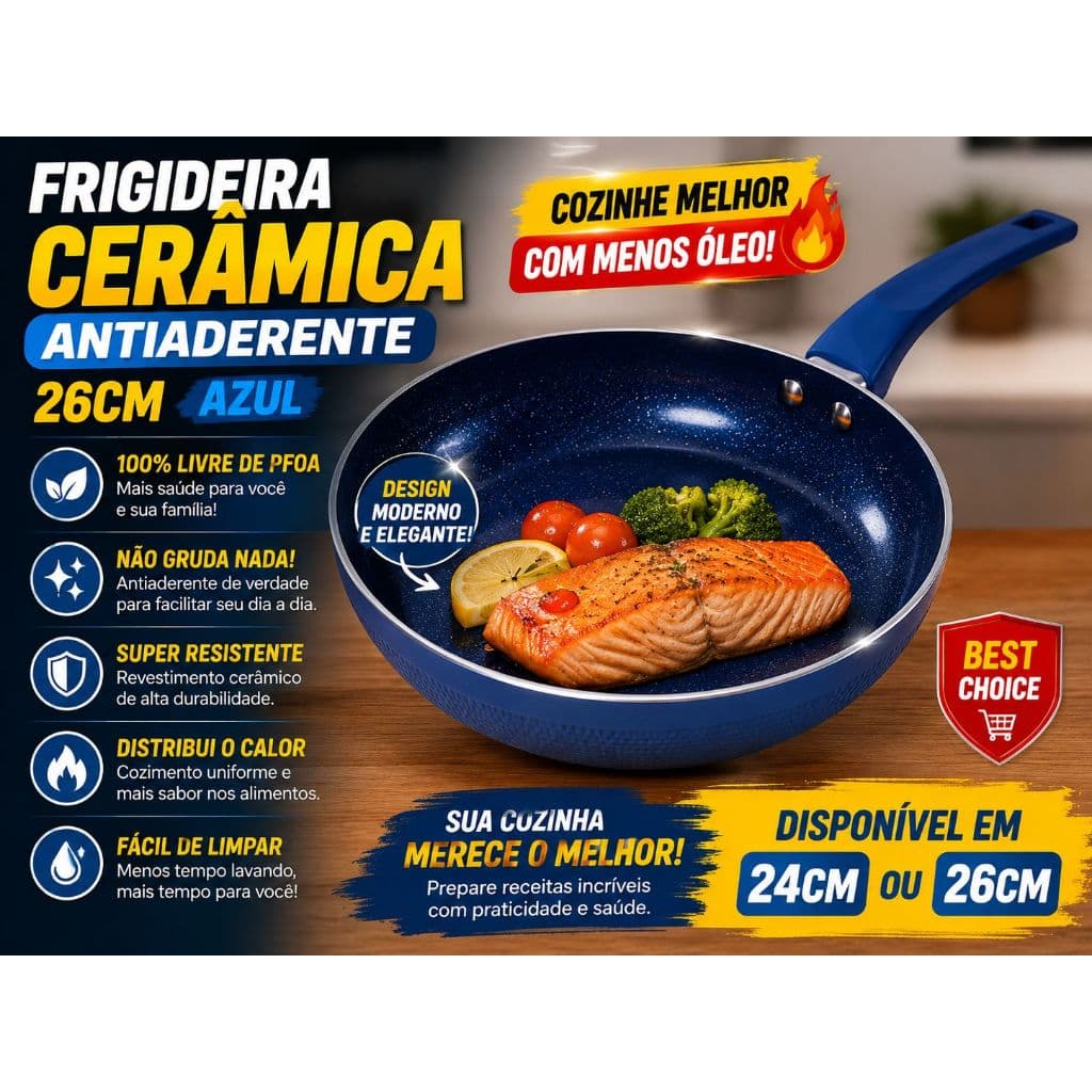 🔥 Frigideira Antiaderente Cerâmica 26cm ou 24cm Azul Premium – Cozinha Sem Grudar + Fácil de Limpar
