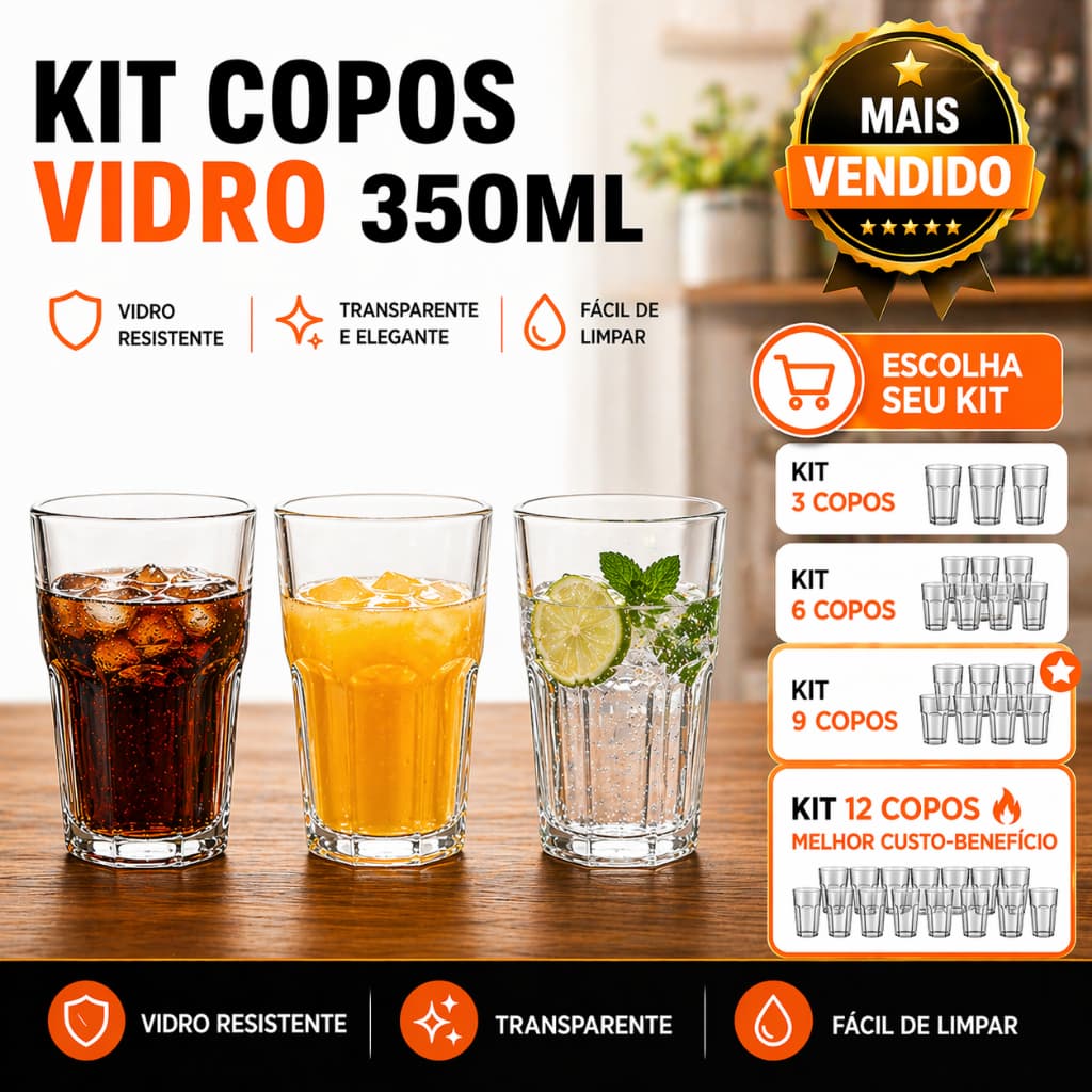 Kit Copos Vidro 350ml Casa Blanca 12 Unidades Refrigerante Suco Água Drink Caipirinha Cerveja